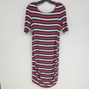 Rachel Zoe Striped Maternity Dress Small Red Blue Ruched Bodycon Short Sleeve